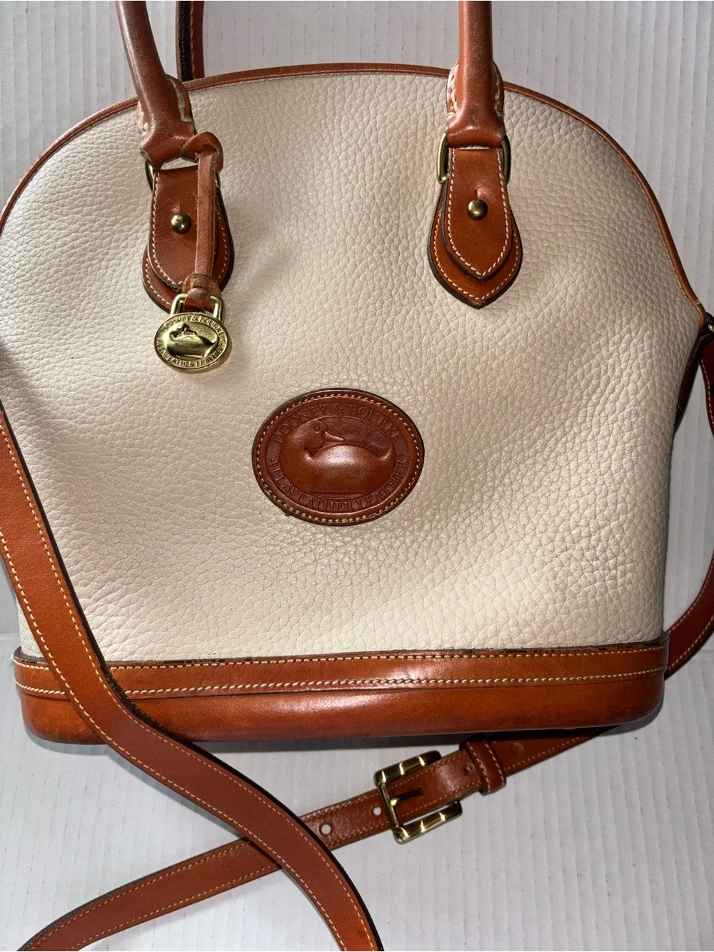 Dooney & Bourke Cream and Brown Leather Dome Satchel Handbag